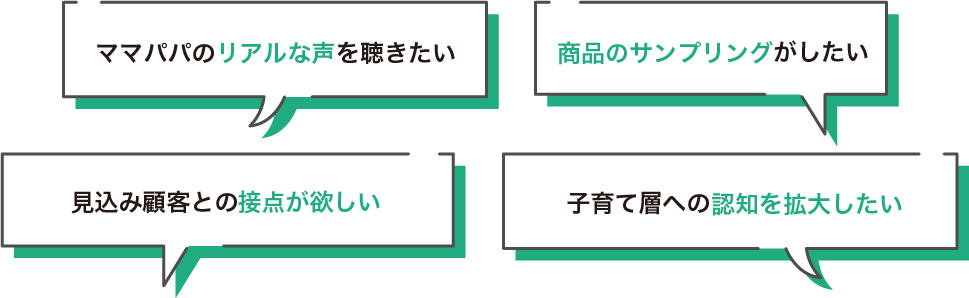 ママパパのリアルな声を聴きたい 商品モニターを獲得したい 顧客からのフィードバックがほしい イメージアップの施策を考えている